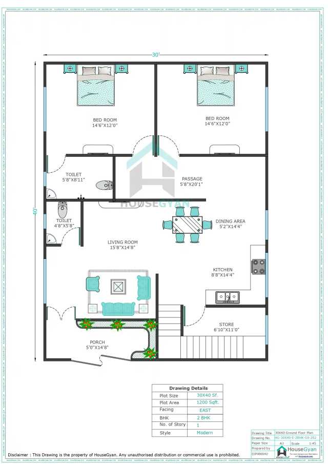 30X40 East Facing 2BHK Ground Floor House Plan | 1200 Sqft Plot Floor Plan