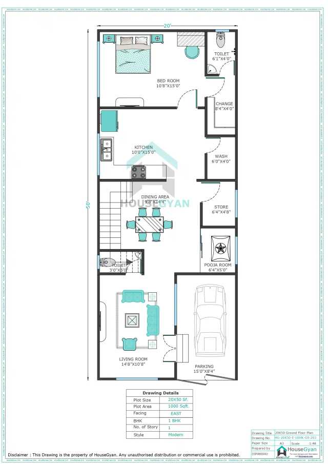 20X50 East Facing 1BHK Ground Floor House Plan