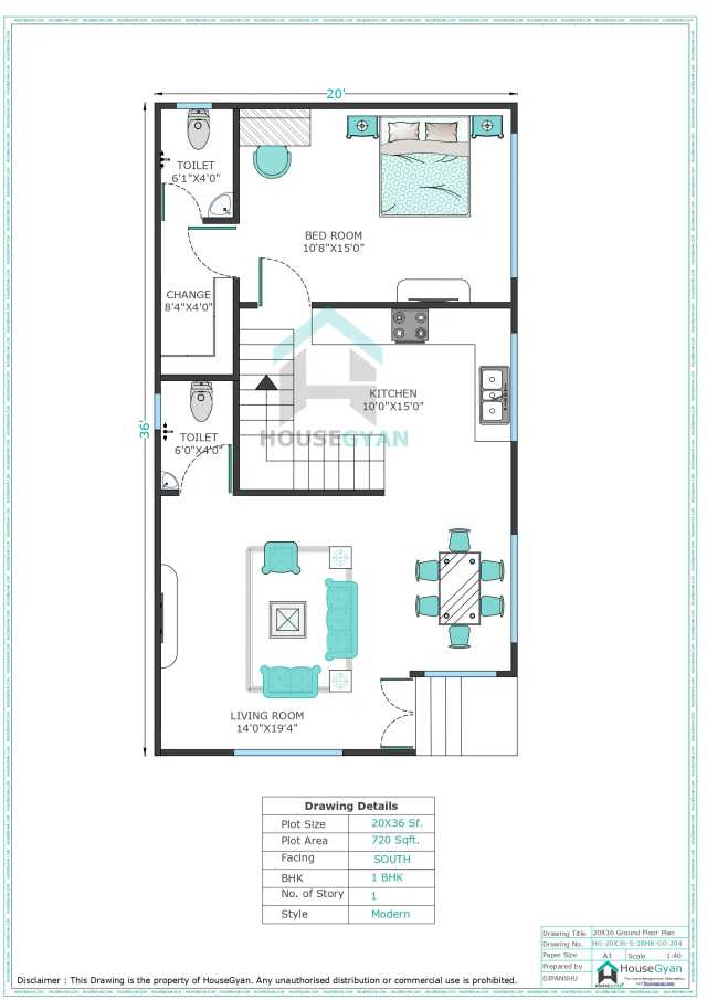 20X36 South Facing 1BHK Ground Floor House Plan
