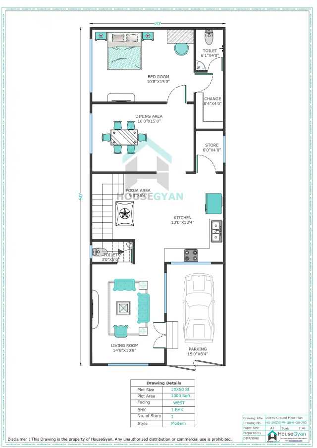 20X50 West Facing 1BHK Ground Floor House Plan