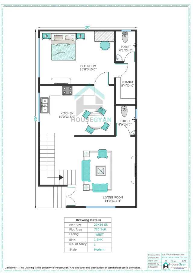 20X36 West Facing 1BHK Ground Floor House Plan | 720 Sqft Plot Floor Plan