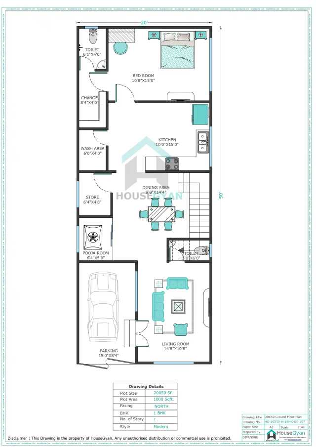 20X50 North Facing 1BHK Ground Floor House Plan