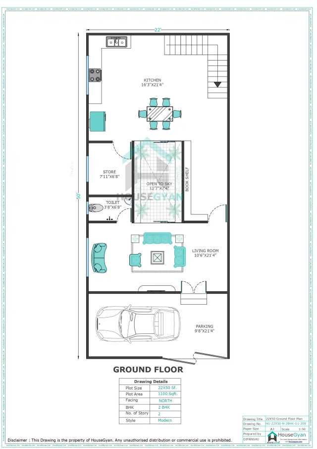 22X50 North Facing 2BHK First Floor House Plan