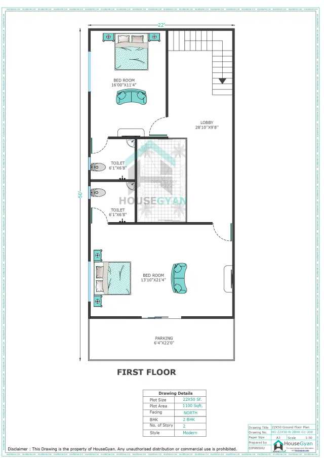 22X50 North Facing 2BHK First Floor House Plan | 1100 Sqft Plot Floor Plan