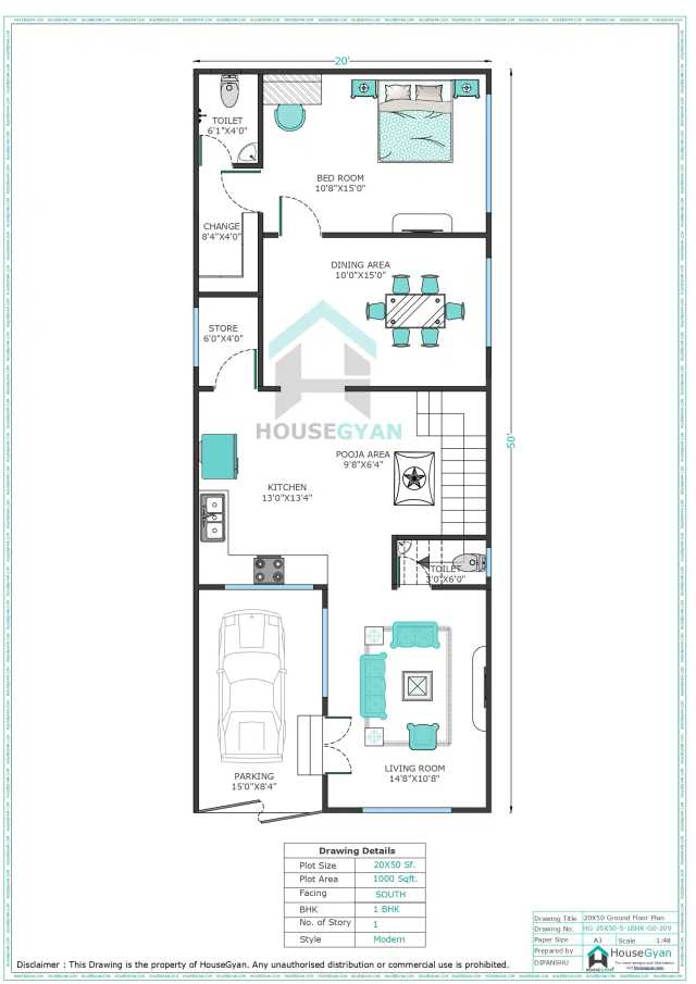 20X50 South Facing 1BHK Ground Floor House Plan