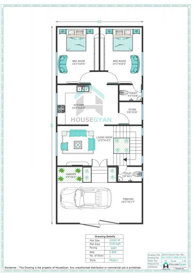 22X50 East Facing 2BHK Ground Floor House Plan