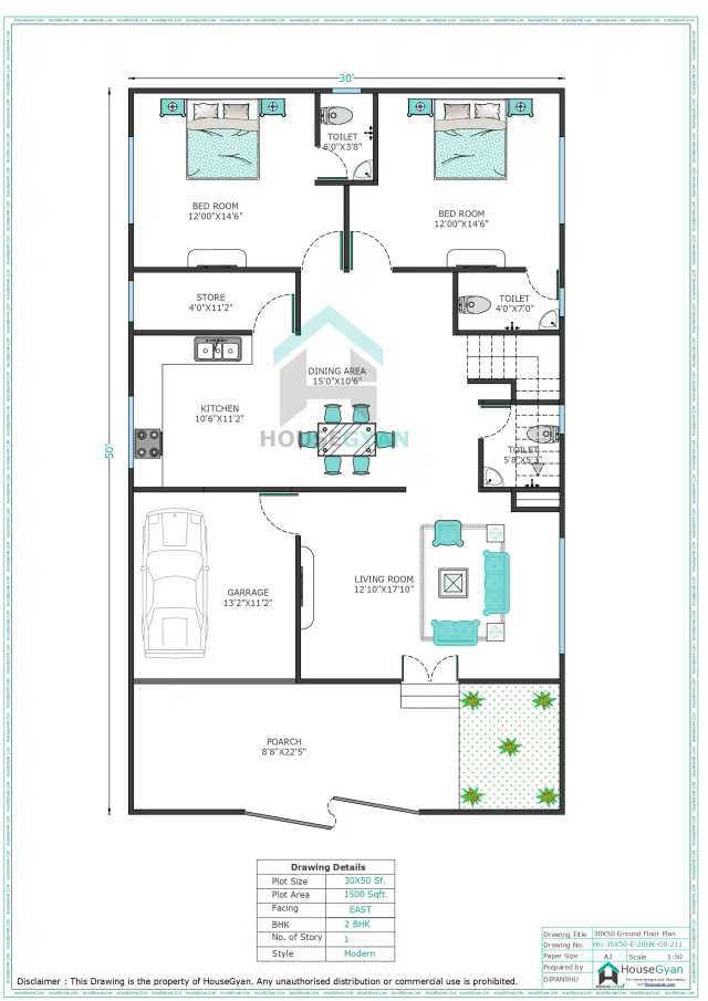 30X50 East Facing 2BHK Ground Floor House Plan
