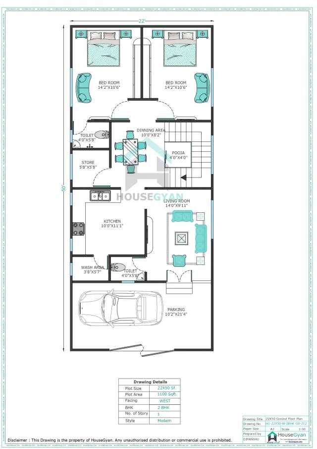 22X50 West Facing 2BHK Ground Floor House Plan