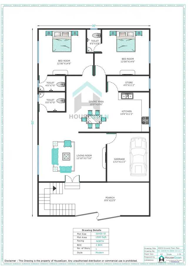 30X50 North Facing 2BHK Ground Floor House Plan | 1500 Sqft Plot Floor Plan