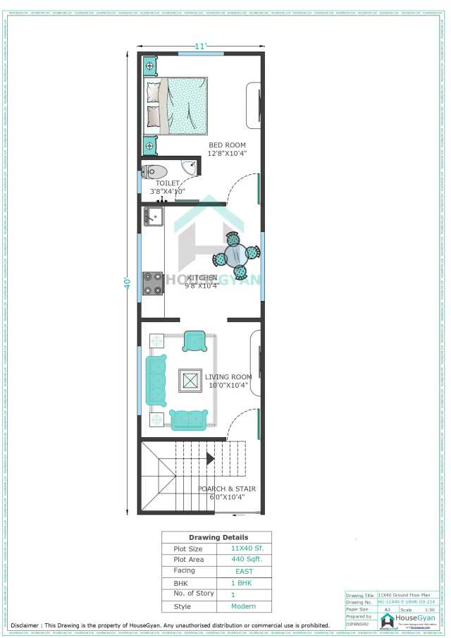 11X40 East Facing 1BHK Ground Floor House Plan