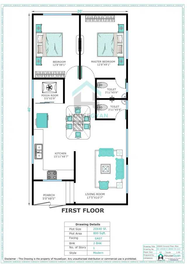 20X40 East Facing 2BHK Ground Floor House Plan