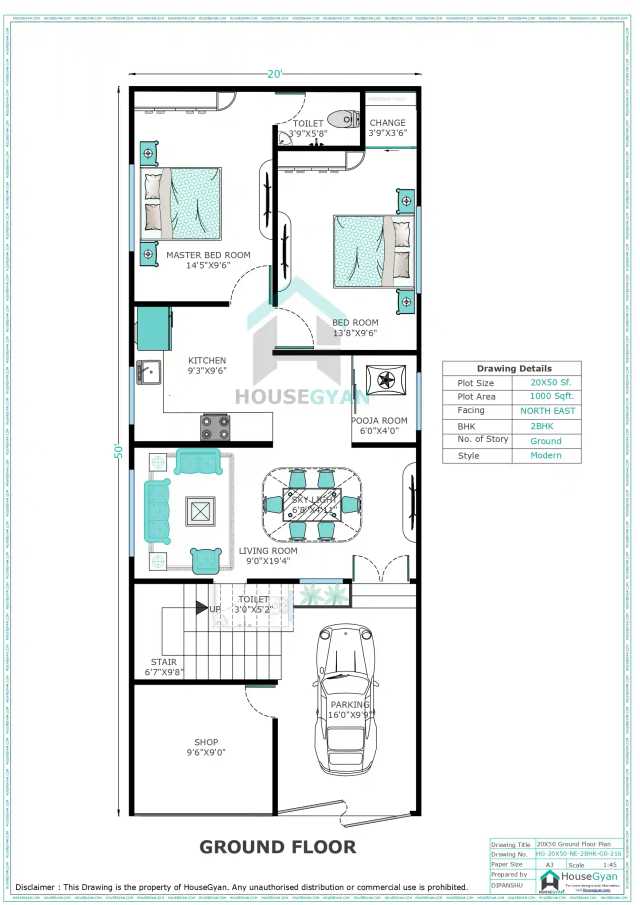20X50 North East Facing 2BHK Ground Floor House Plan