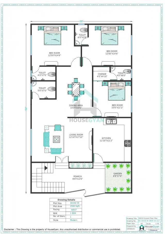 30X50 West Facing 3BHK Ground Floor House Plan