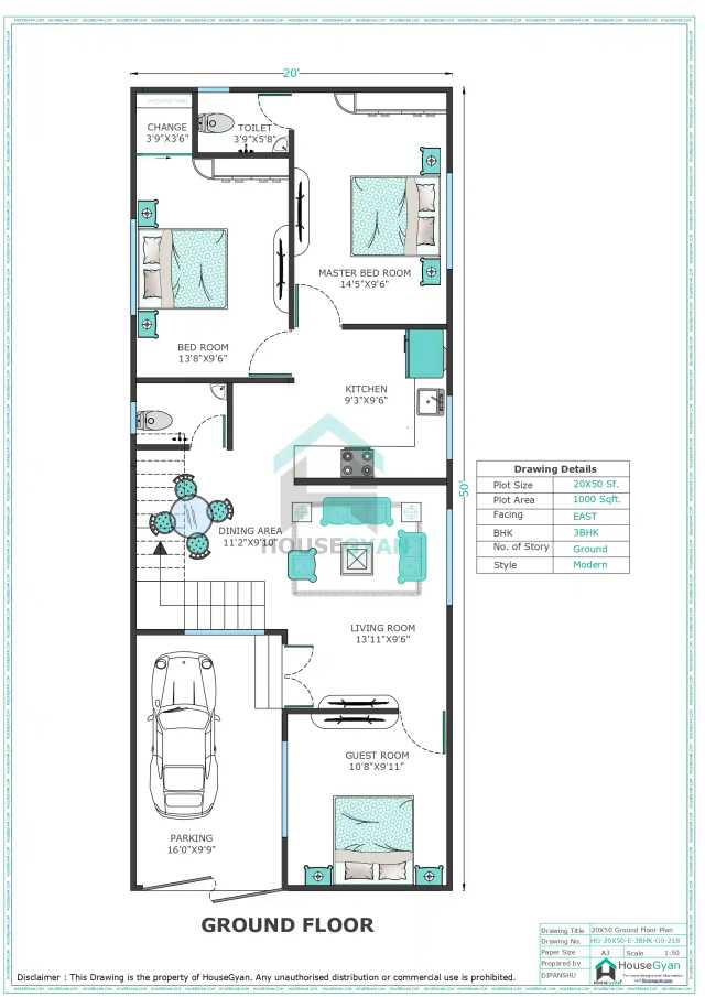 20X50 East Facing 3BHK Ground Floor House Plan