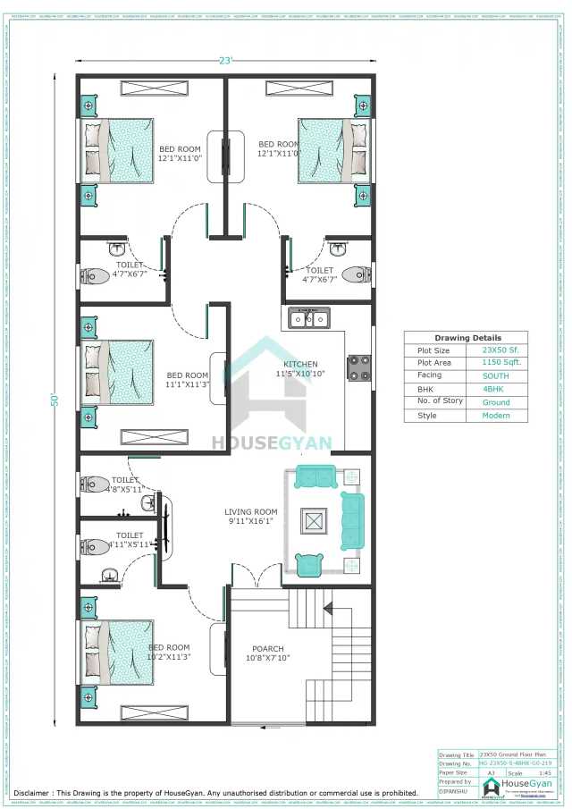 23X50 South Facing 4BHK Ground Floor House Plan