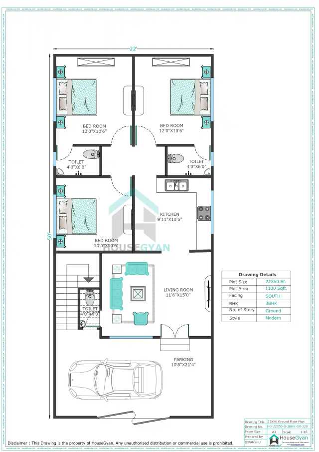 22X50 South Facing 3BHK Ground Floor House Plan