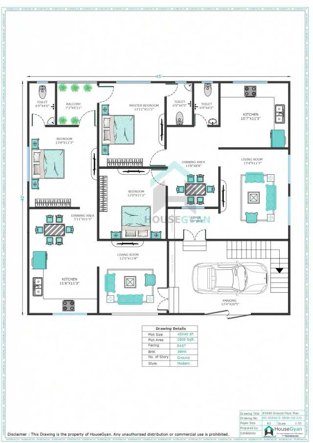 45X40 East Facing 3BHK Ground Floor House Plan