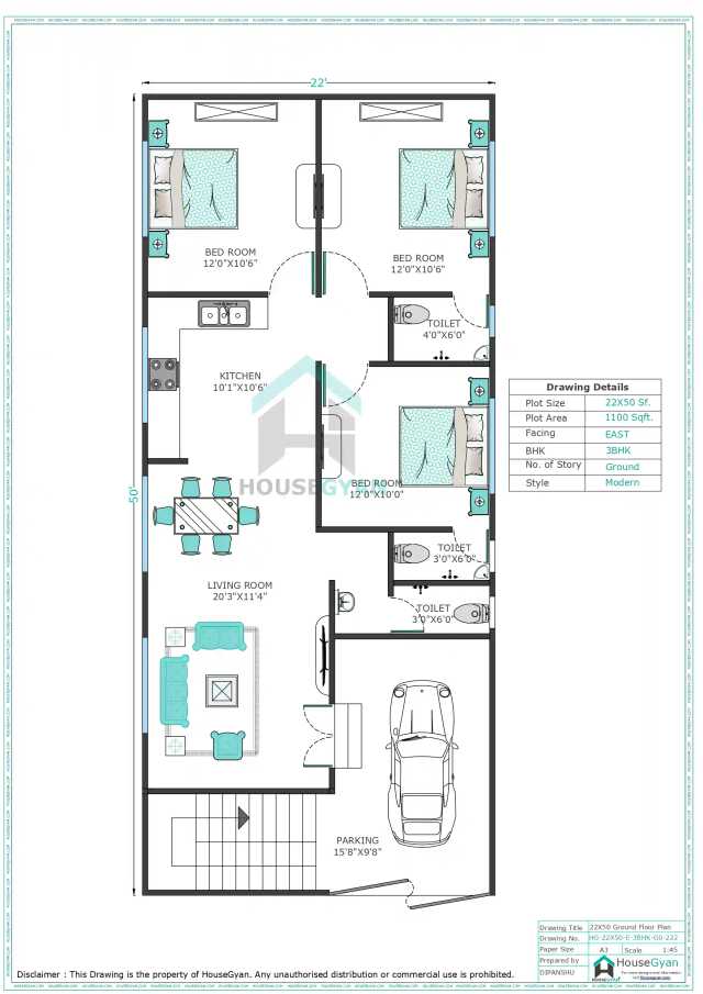 22X50 East Facing 3BHK Ground Floor House Plan