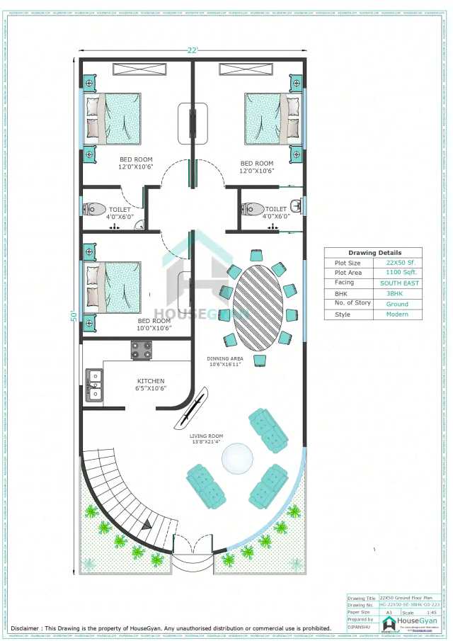 22X50 South East Facing 3BHK Ground Floor House Plan | 1100 Sqft Plot Floor Plan