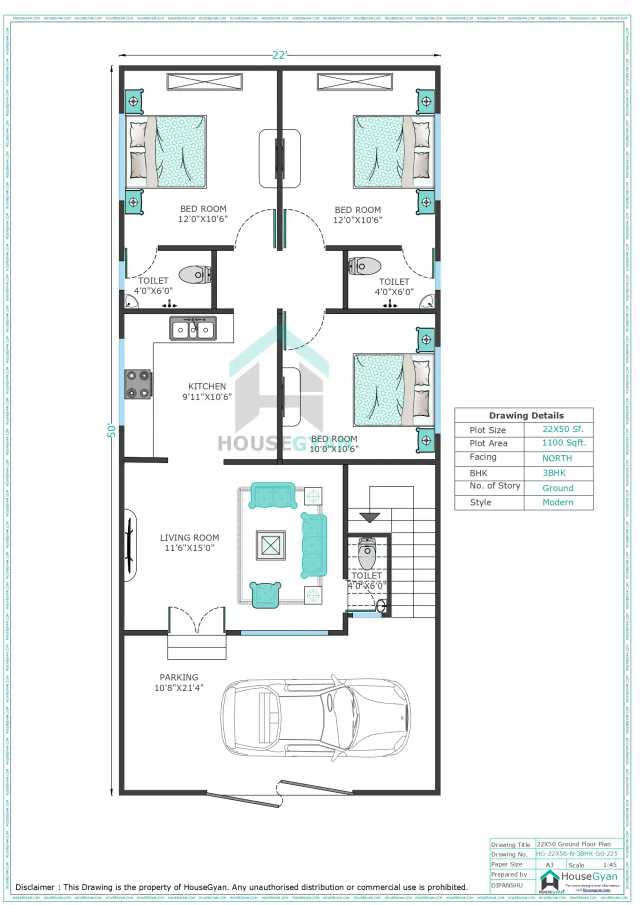 22X50 North Facing 3BHK Ground Floor House Plan | 1100 Sqft Plot Floor Plan
