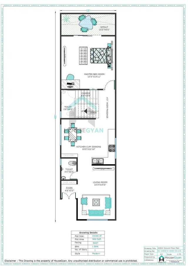 16X60 East Facing 1BHK Ground Floor House Plan | 960 Sqft Plot Floor Plan