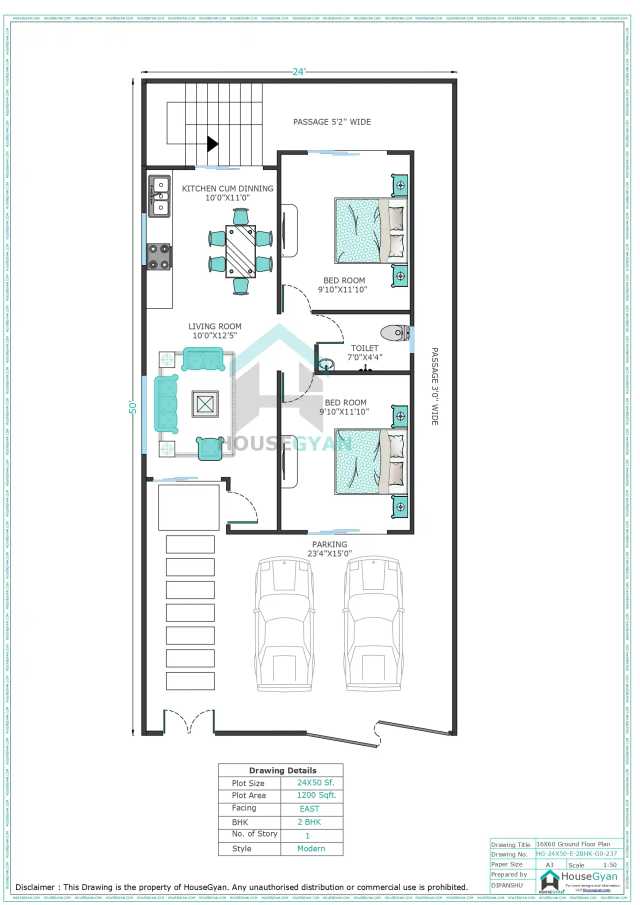 24X50 East Facing 2BHK Ground Floor House Plan | 1200 Sqft Plot Floor Plan