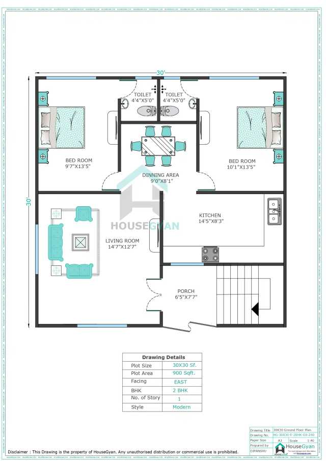 30X30 East Facing 2BHK Ground Floor House Plan