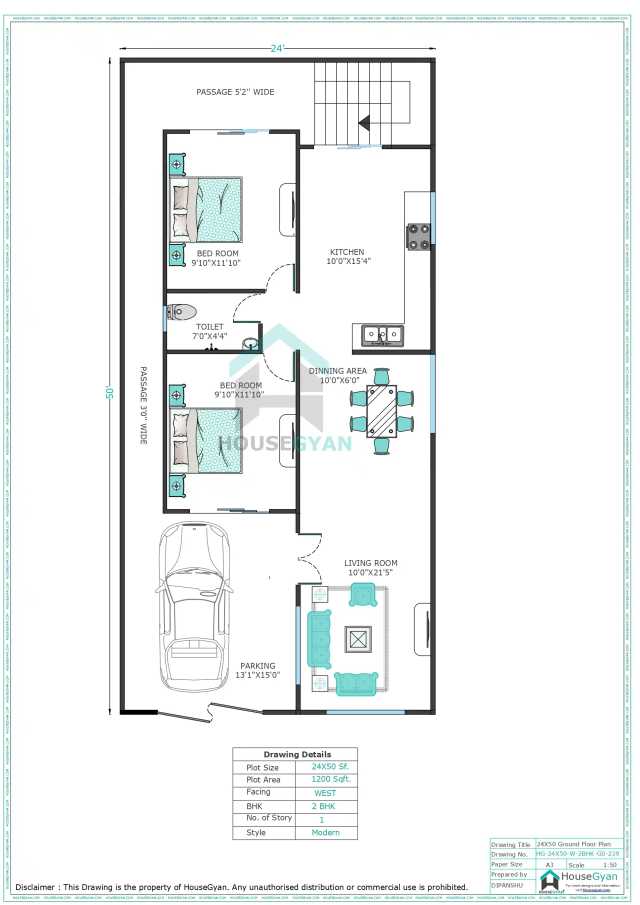 24X50 West Facing 2BHK Ground Floor House Plan | 1200 Sqft Plot Floor Plan