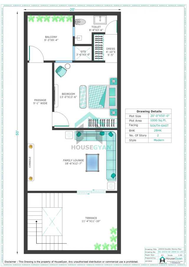 20X50 South East Facing 2BHK First Floor House Plan | 1000 Sqft Plot Floor Plan