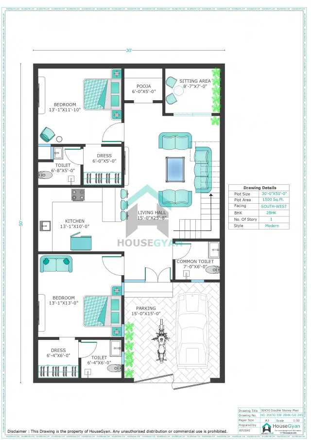 30X50 South West Facing 2BHK Ground Floor House Plan | 1500 Sqft Plot Floor Plan