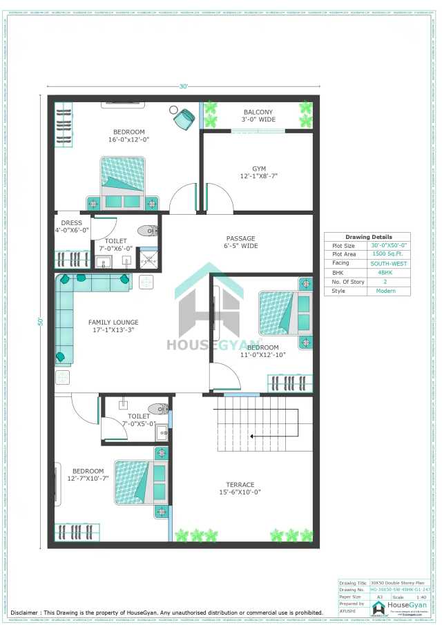 30X50 South West Facing 4BHK First Floor House Plan | 1500 Sqft Plot Floor Plan