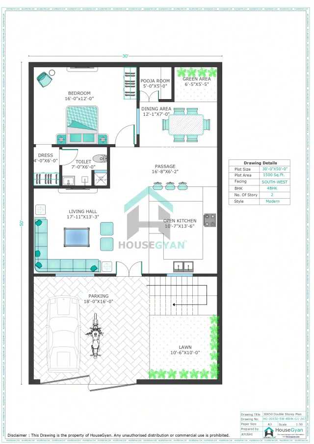 30X50 South West Facing 4BHK First Floor House Plan | 1500 Sqft Plot Floor Plan