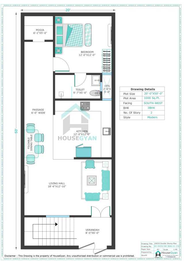 20X50 South West Facing 3BHK First Floor House Plan | 1000 Sqft Plot Floor Plan