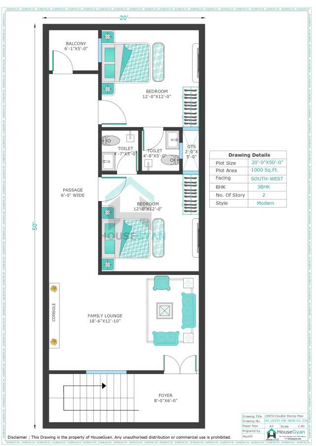 20X50 South West Facing 3BHK First Floor House Plan | 1000 Sqft Plot Floor Plan