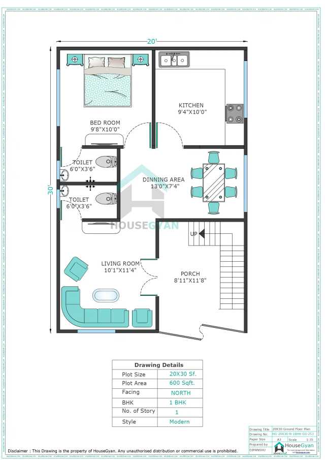 20X30 North Facing 1BHK Ground Floor House Plan