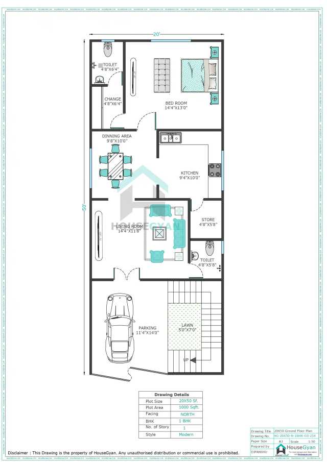 20X50 North Facing 1BHK Ground Floor House Plan | 1000 Sqft Plot Floor Plan