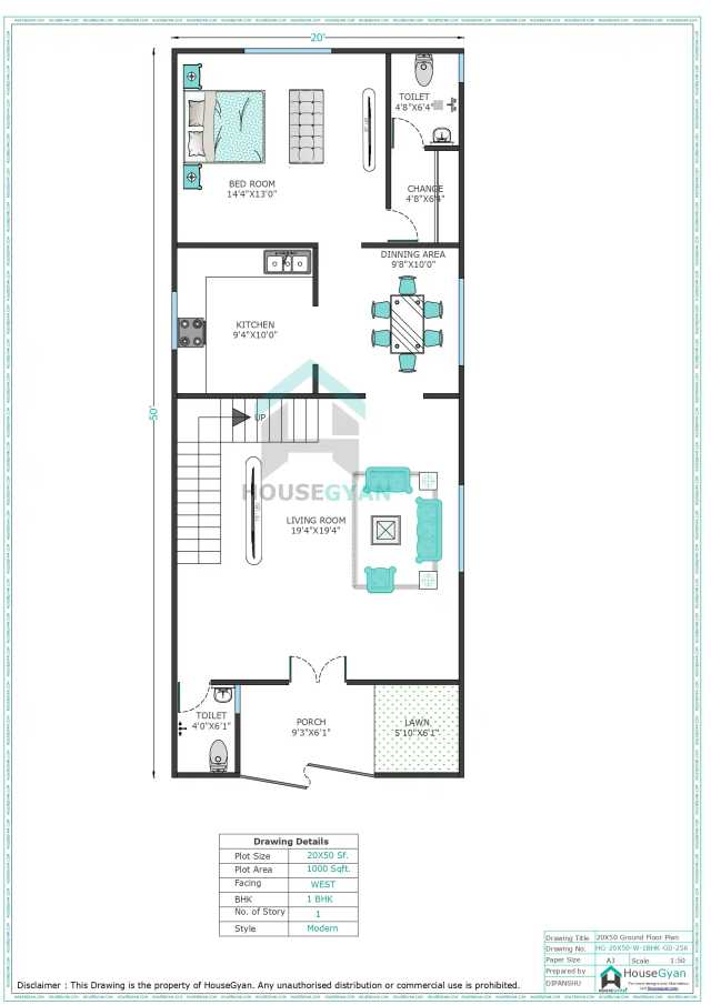 20X50 West Facing 1BHK Ground Floor House Plan | 1000 Sqft Plot Floor Plan