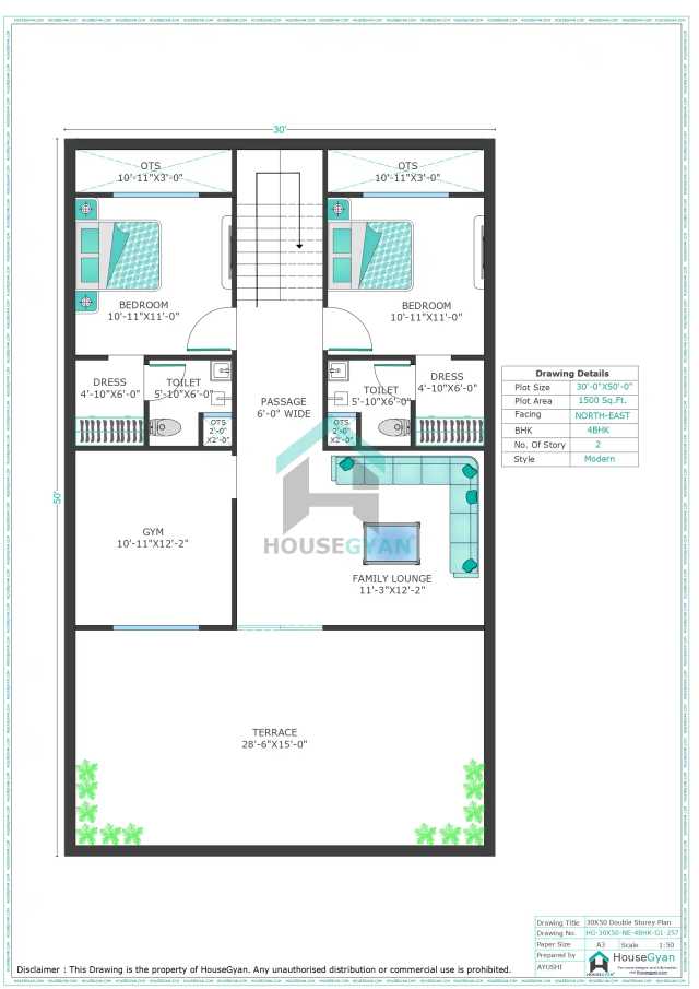 30X50 North East Facing 4BHK First Floor House Plan | 1500 Sqft Plot Floor Plan