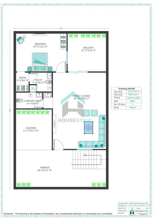 30X50 South West Facing 2BHK First Floor House Plan | 1500 Sqft Plot Floor Plan