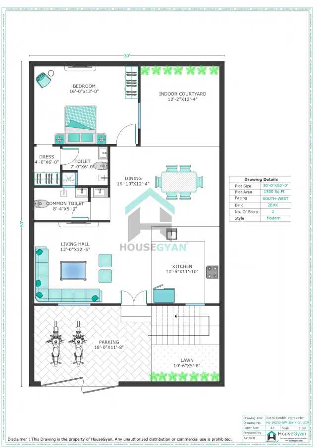 30X50 South West Facing 2BHK First Floor House Plan | 1500 Sqft Plot Floor Plan