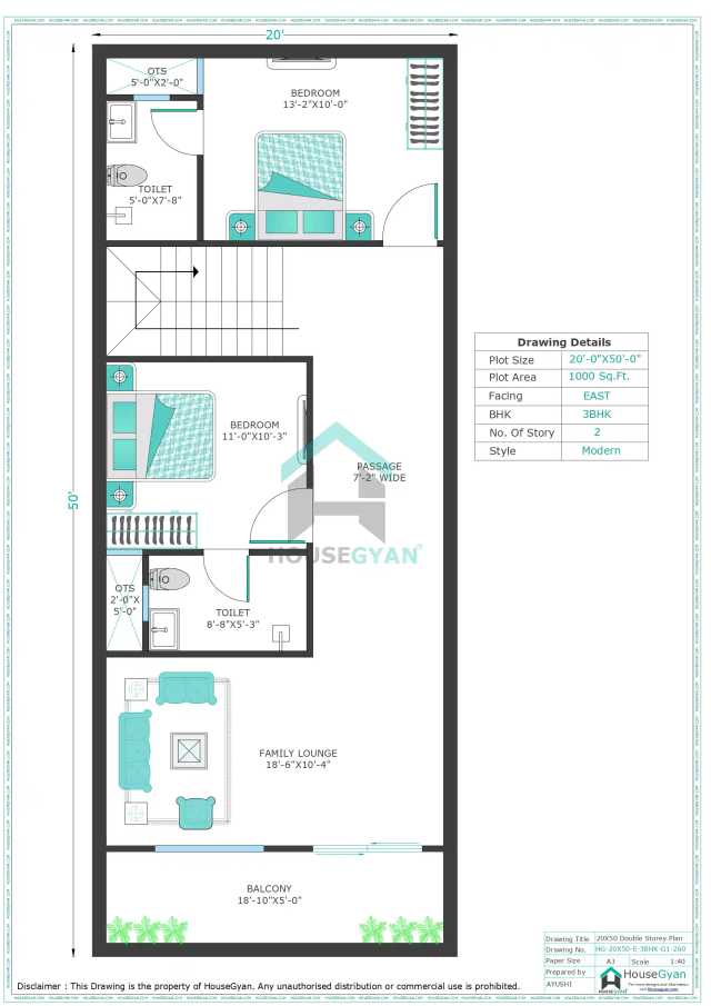 20X50 East Facing 3BHK First Floor House Plan | 1000 Sqft Plot Floor Plan
