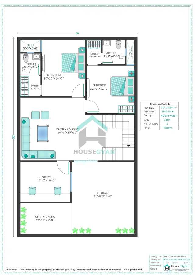 30X50 North West Facing 3BHK First Floor House Plan | 1500 Sqft Plot Floor Plan