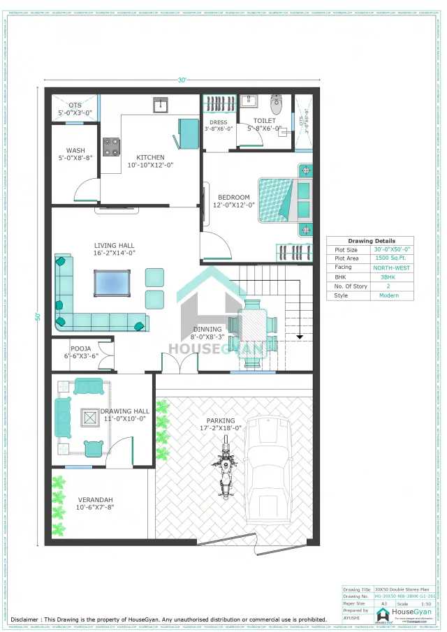 30X50 North West Facing 3BHK First Floor House Plan | 1500 Sqft Plot Floor Plan