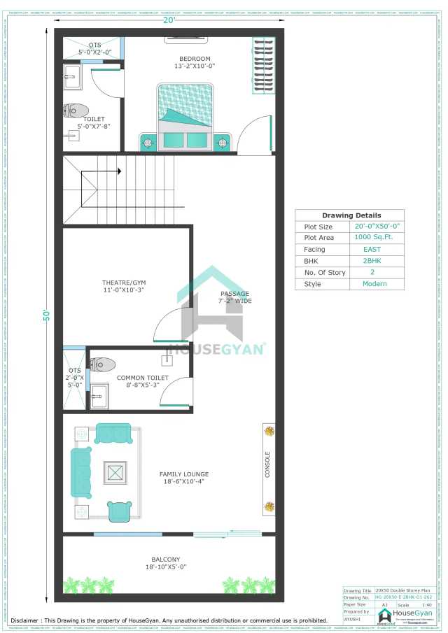 20X50 East Facing 2BHK First Floor House Plan | 1000 Sqft Plot Floor Plan
