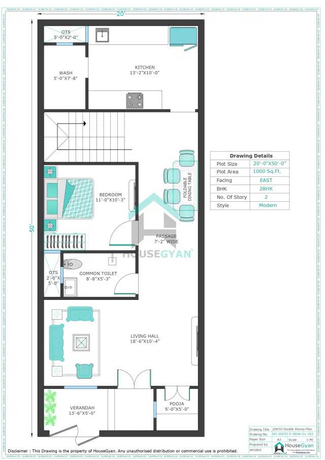 20X50 East Facing 2BHK First Floor House Plan | 1000 Sqft Plot Floor Plan