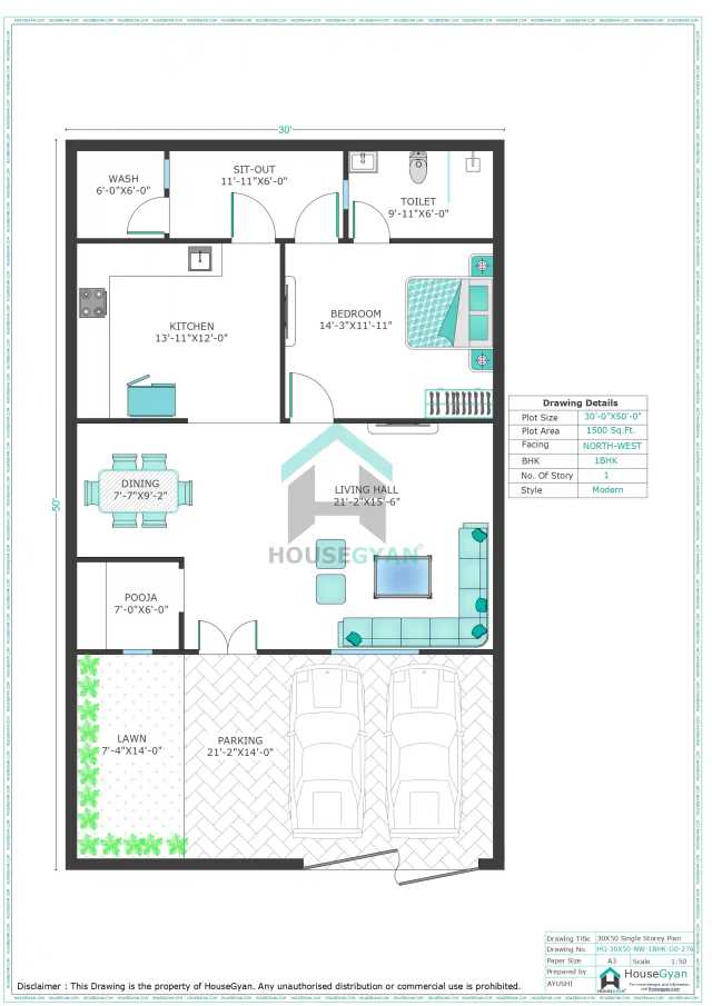 30X50 North West Facing 1BHK Ground Floor House Plan | 1500 Sqft Plot Floor Plan
