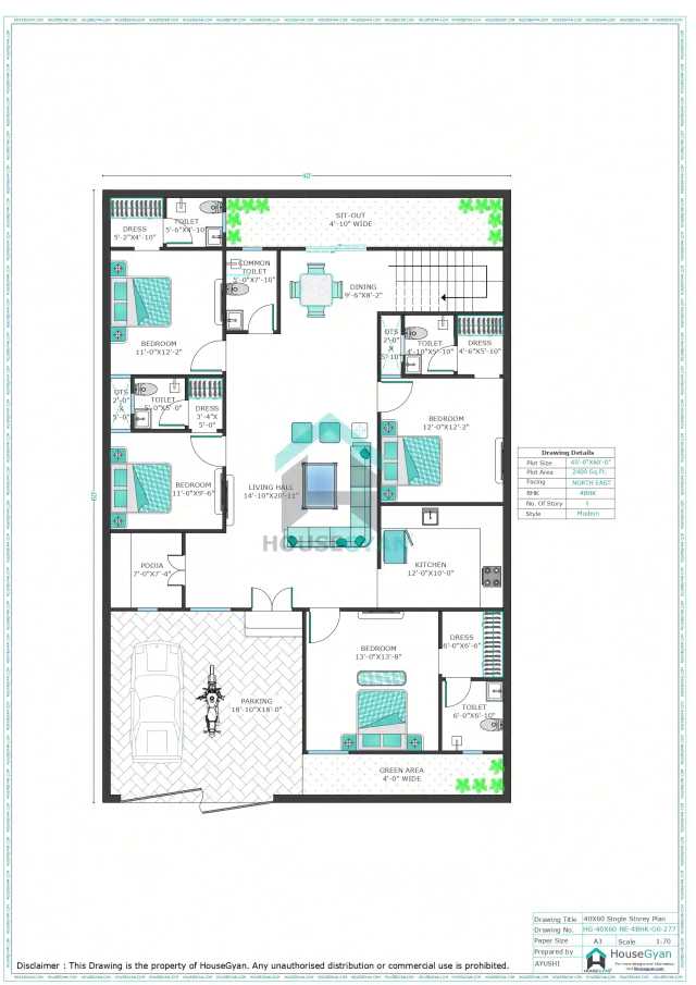 40X60 North East Facing 4BHK Ground Floor House Plan