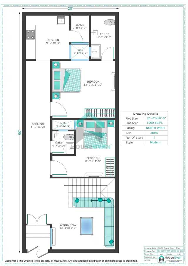 20X50 North West Facing 2BHK Ground Floor House Plan