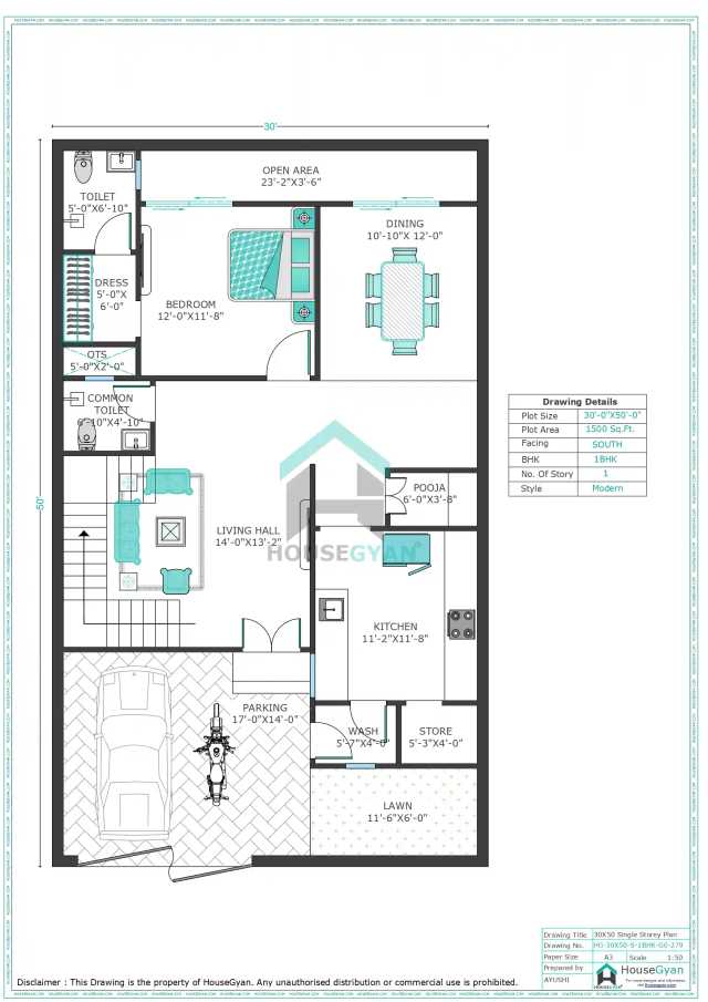 30X50 South Facing 1BHK Ground Floor House Plan