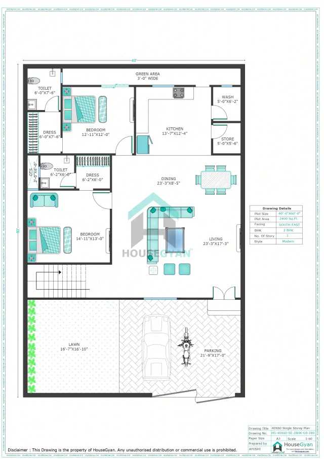40X60 South East Facing 2BHK Ground Floor House Plan